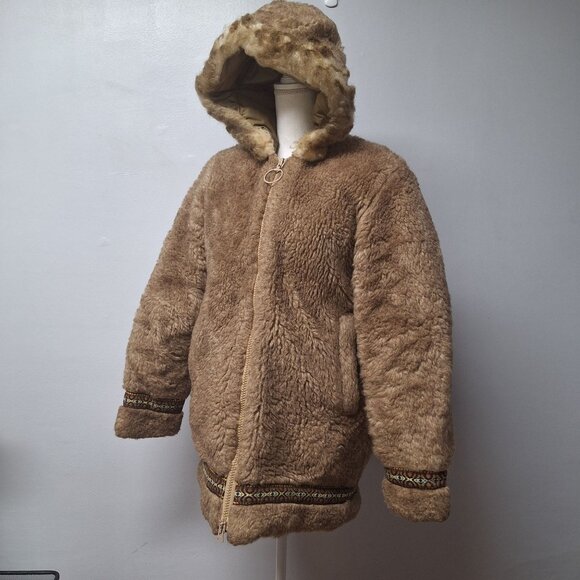 Stearns Native American Faux Fur Hooded Coat Tribal Trim Ring Zip M Alaska USA